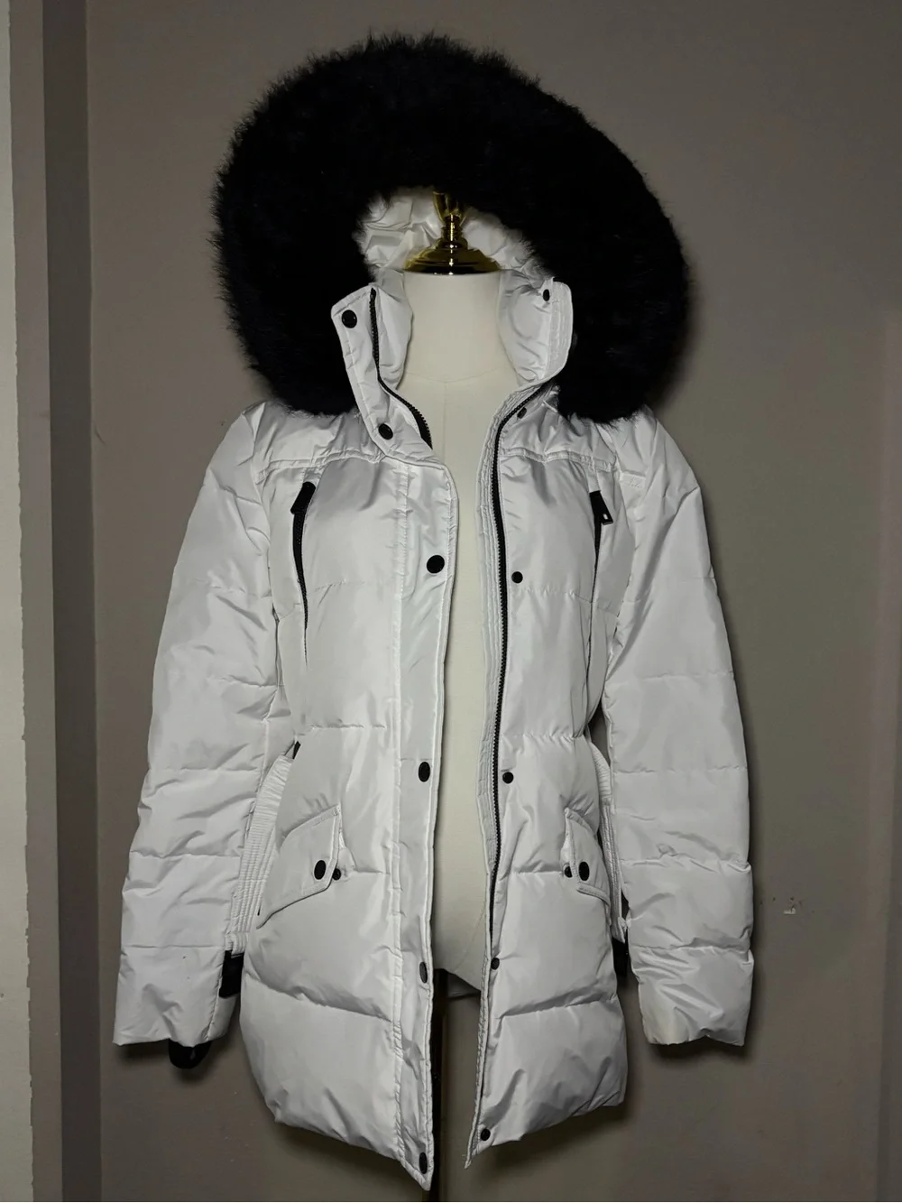 Michael Kors White Puffer Coat with Black Fur-Trim Hood
